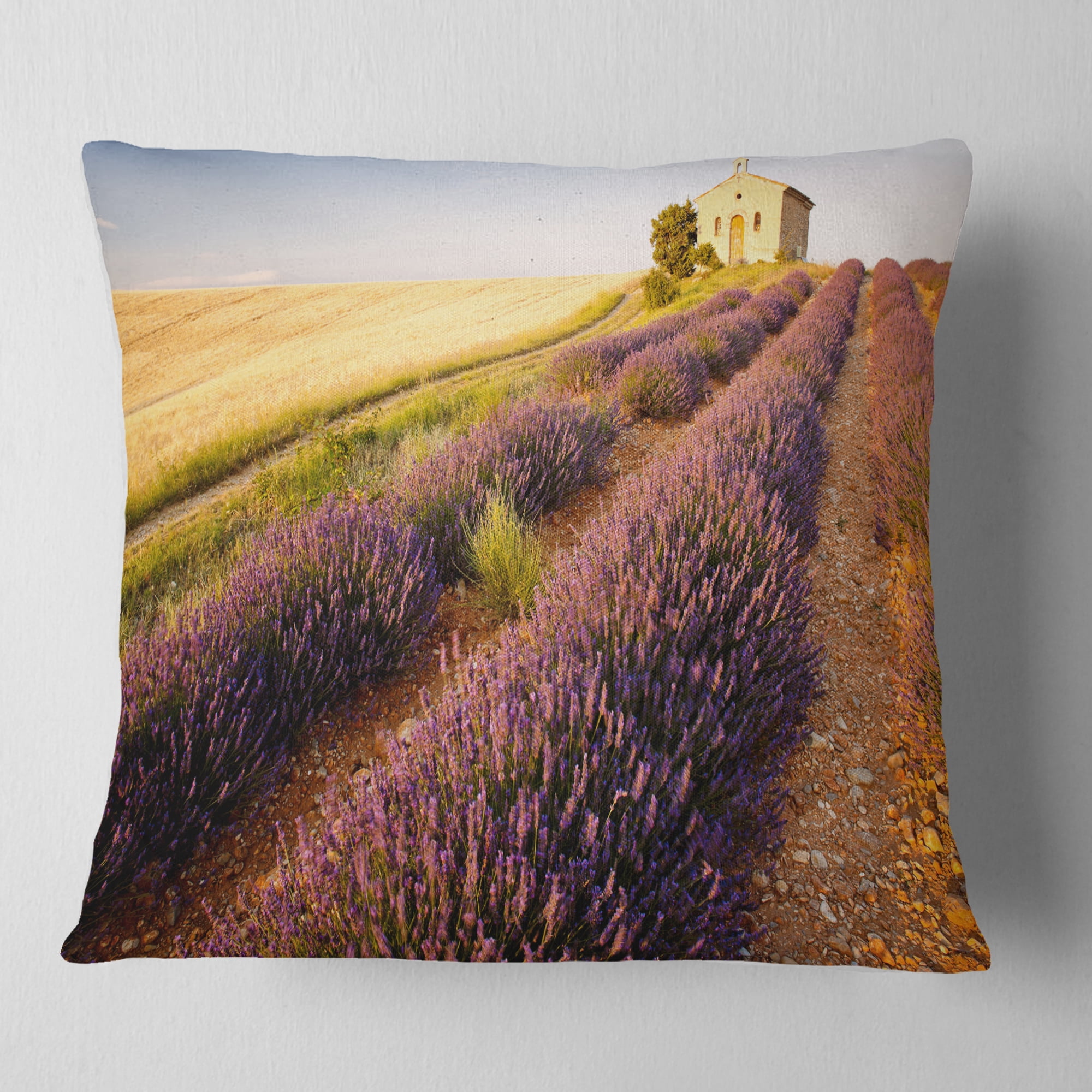Designart Chapel with Lavender and Grain Field - Flower Throw Pillow - 16x16