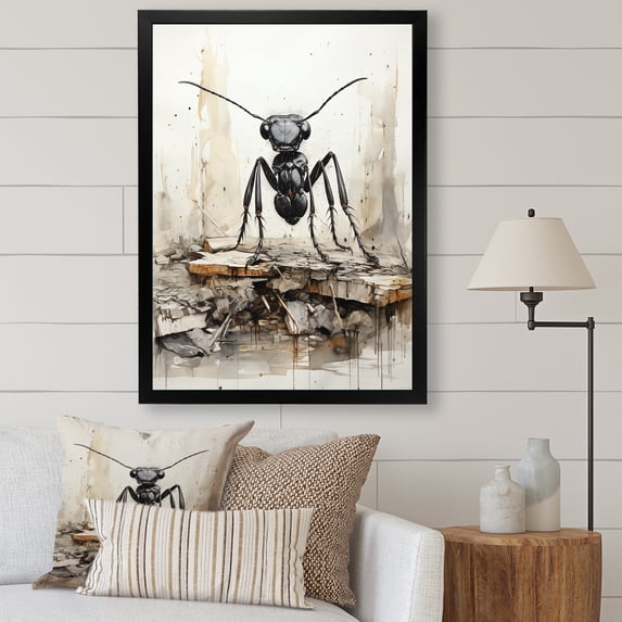 Designart "Charcoal Ant In Minimalist March" Animals Ant Picture Framed Wall Art Prints