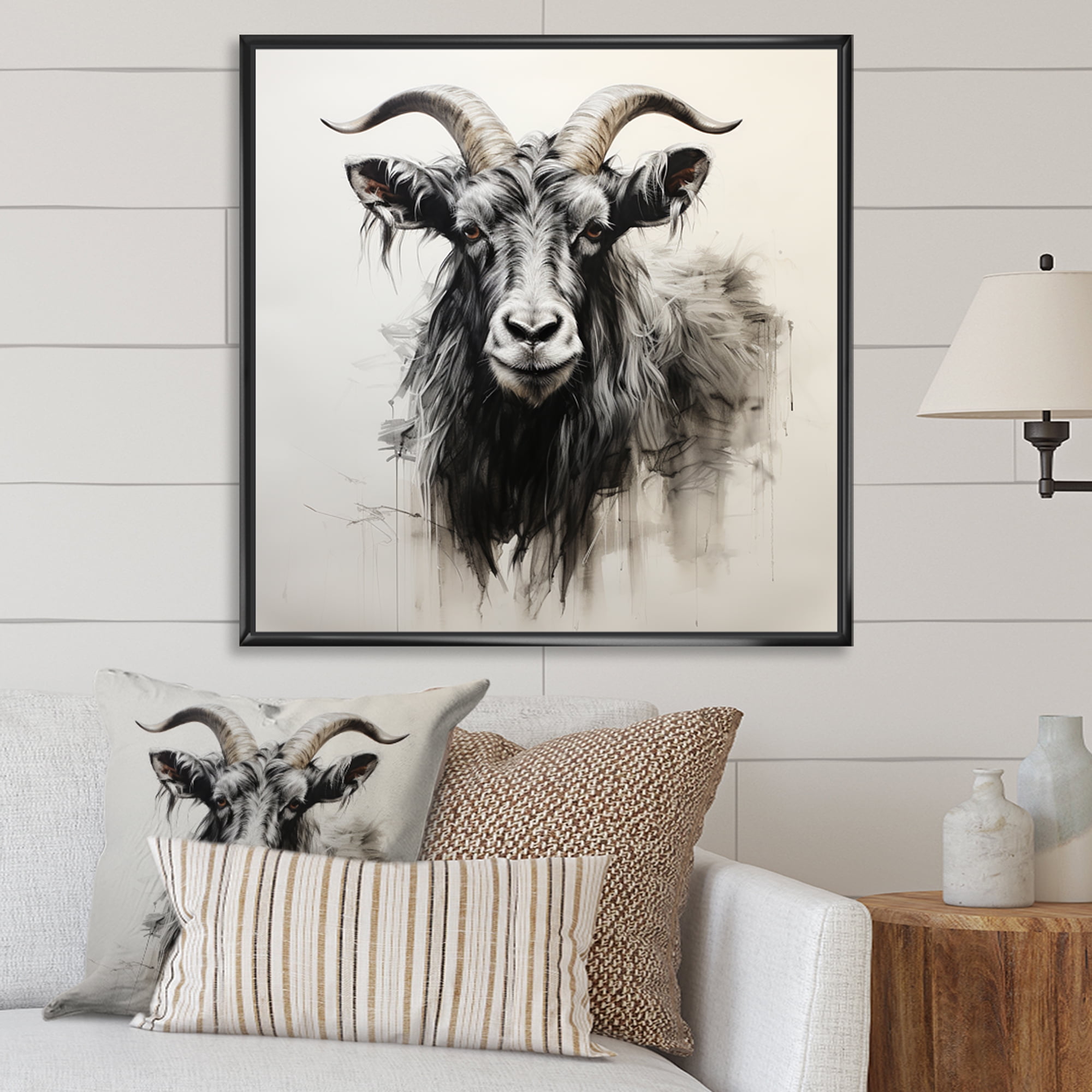 Designart "Charcoal Goat Portrait in Black I" Animals Framed Wall Art