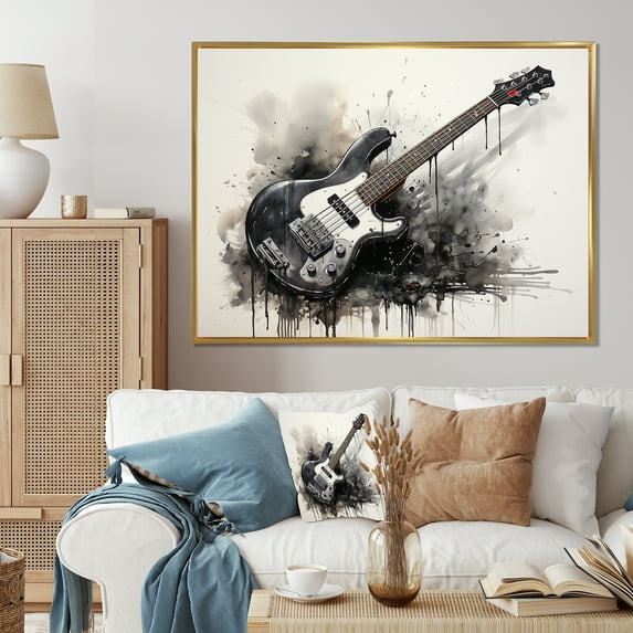 Designart "Charcoal Guitar Vibrations Shades of Brown II" Entertainment Framed Wall Art - Vintage Grey Music Hallway Framed Wall Art Decor