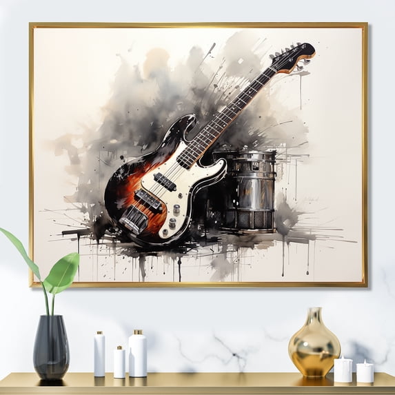 Designart "Charcoal Guitar Vibrations Shades of Brown III" Entertainment Framed Wall Art - Vintage Grey Music Living Room Framed Canvas Art