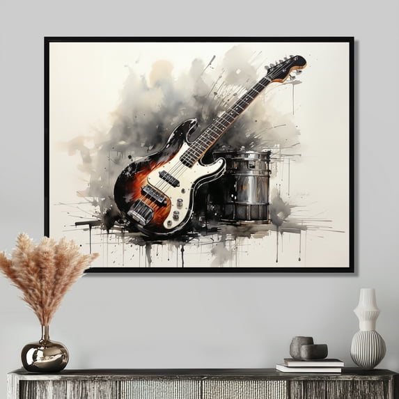Designart "Charcoal Guitar Vibrations Shades of Brown III" Entertainment Framed Wall Art - Vintage Grey Music Living Room Framed Canvas Art