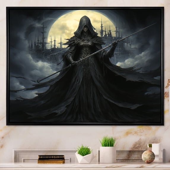 Designart "Charcoal Sorcery in Moonlit Witches" Abstract Framed Wall Art - Modern Yellow Witches Bedroom Framed Canvas Wall Art