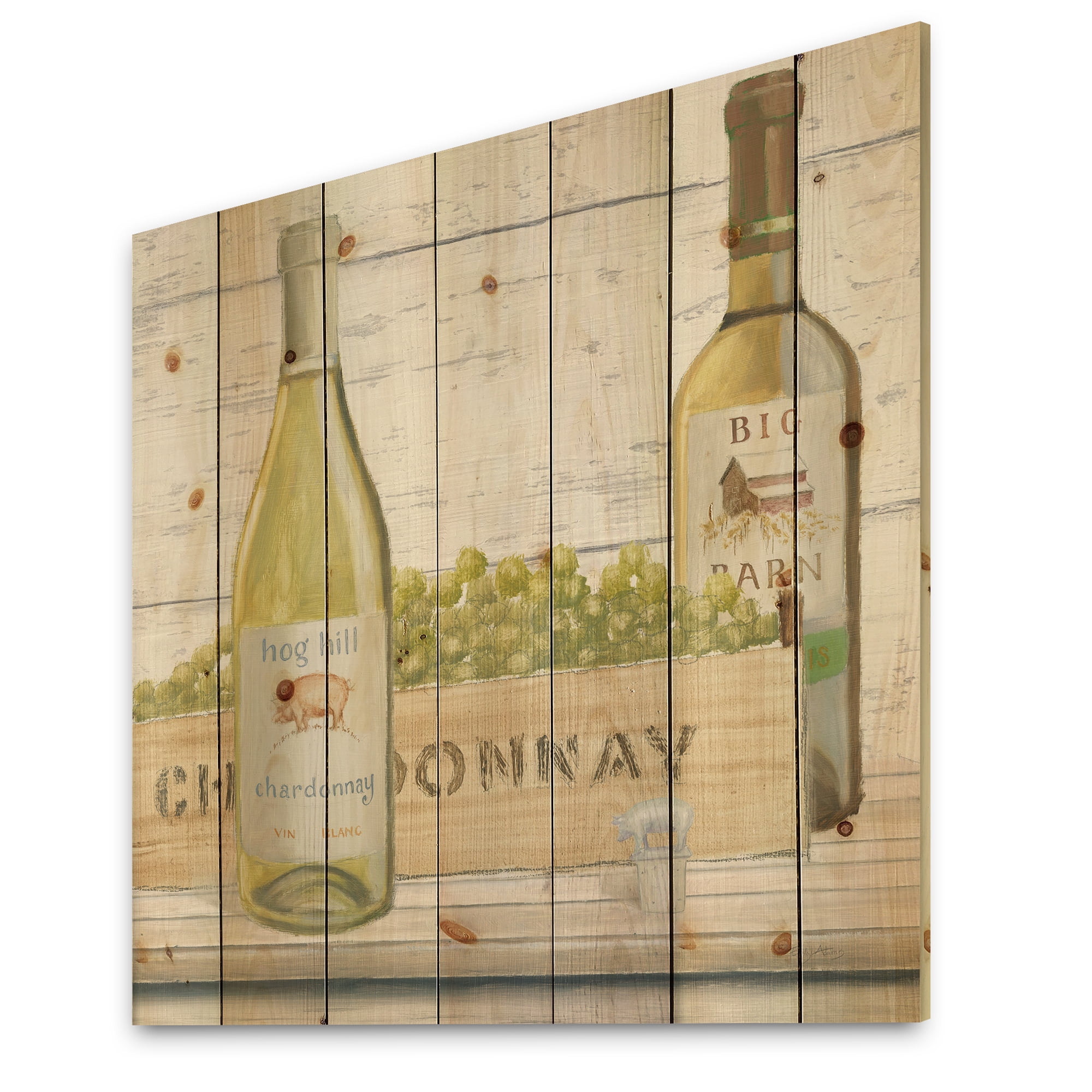 Designart 'Chardonnay White Wine Bottles' Food and Beverage Print on Natural Pine Wood