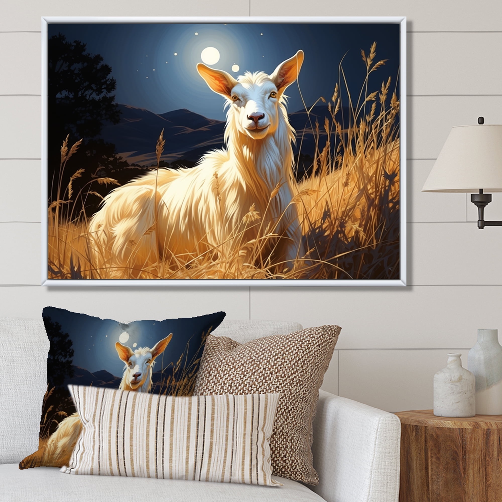 Designart "Charm Meadows with White Caprine Goat I" Animals Framed Wall