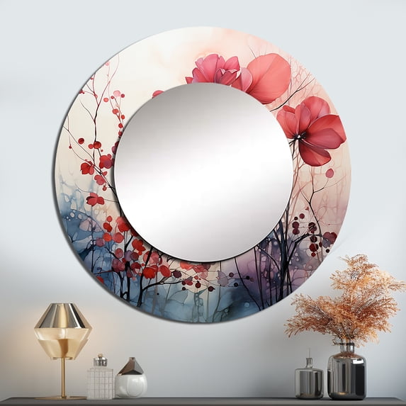 Designart "Charm Of Leaves In A Moody Overcast" Leaves Rund Mirror For Wall Decor - Large Red Round Printed Mirror - Traditional Round Office Mirror - 23" x 23"