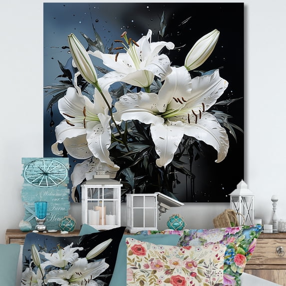 Designart "Charm Of Pure White And Blue Lilies I" Lilies Canvas Art Print