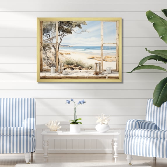 Designart "Charm of Beachside Cottage I" Coastal Framed Wall Art Decor - Coastal White Coastal Windows Entryway Framed Wall Art Print