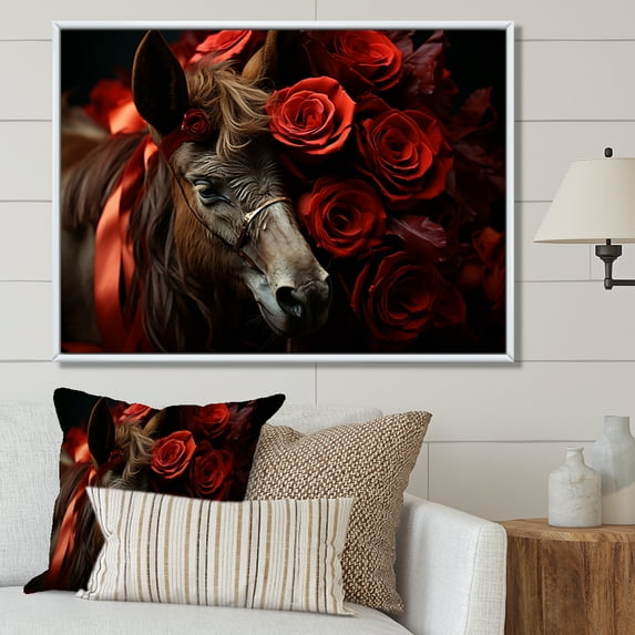Designart "Charming Donkey Portrait with Black and Red Roses" Animals Framed Wall Art - Modern Farmhouse Black Donkey Bedroom Framed Canvas Wall Art