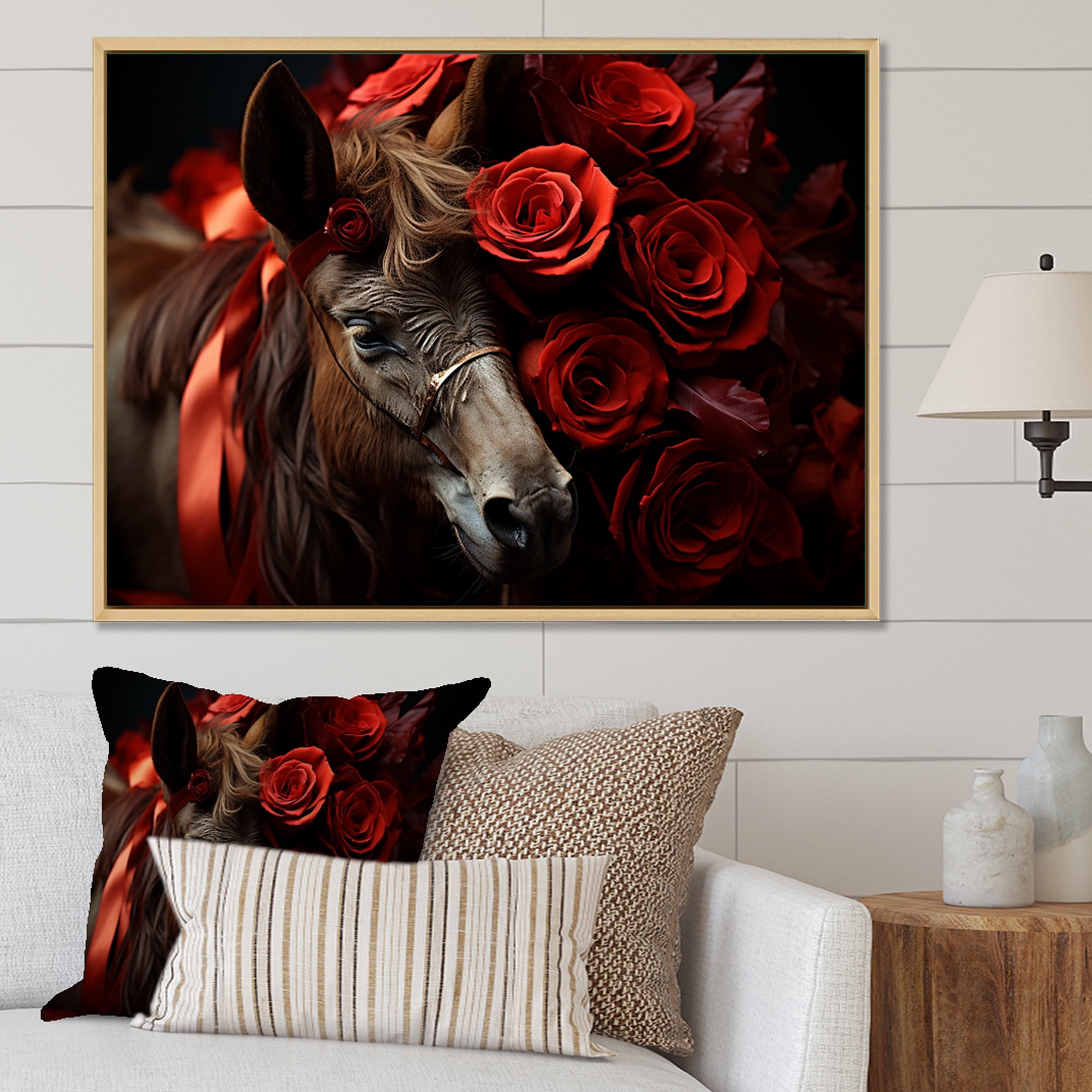 Designart "Charming Donkey Portrait with Black and Red Roses" Animals