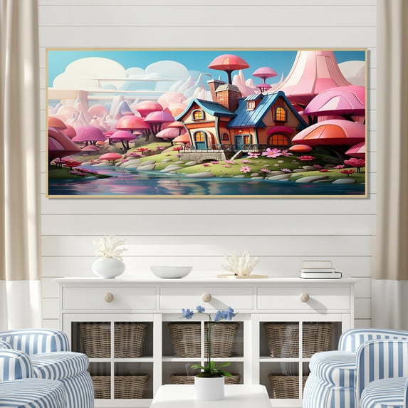 Designart "Charming Gateway to Pink Cottage Garden III" Oversized Landscapes Framed Wall Art - Coastal Pink Landscape Cottage Hallway Framed Wall Art Decor