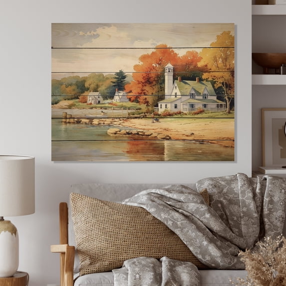 Designart "Charming Lakeside Village in Connecticut II" Connecticut Print on Natural Pine Wood