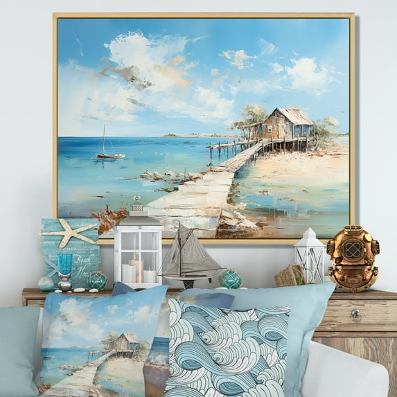 Designart "Charming Minimalism Of The Coastal Pier" Coastal Pier Floater Framed Canvas Wall Art