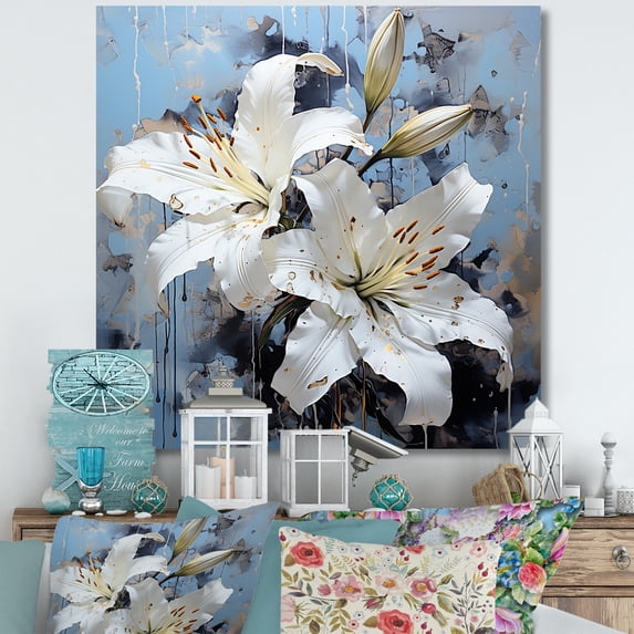 Designart "Charming Pure Beauty Of White And Blue Lilies III" Lilies Canvas Art Print