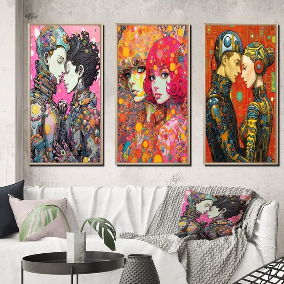 Designart "Charming Robots Celebrating Love in Retro Style I" Robot Framed Wall Art Set Of 3 - Pink Modern Frame Canvas Set For Living Room Decor