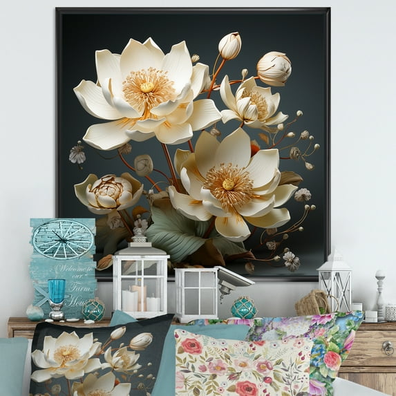 Designart "Charming Vintage Lotus Botanical I" Lotus Floater Framed Canvas Wall Art