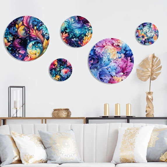 Designart "Charming Watercolor Paisleys" Floral Round Wall Art Set Of 5 - Multicolor Glam For Bedroom Wall Art Set