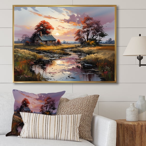 Designart "Charming Winter Countryside Cottage I" Countryside Floater Framed Wall Art Prints