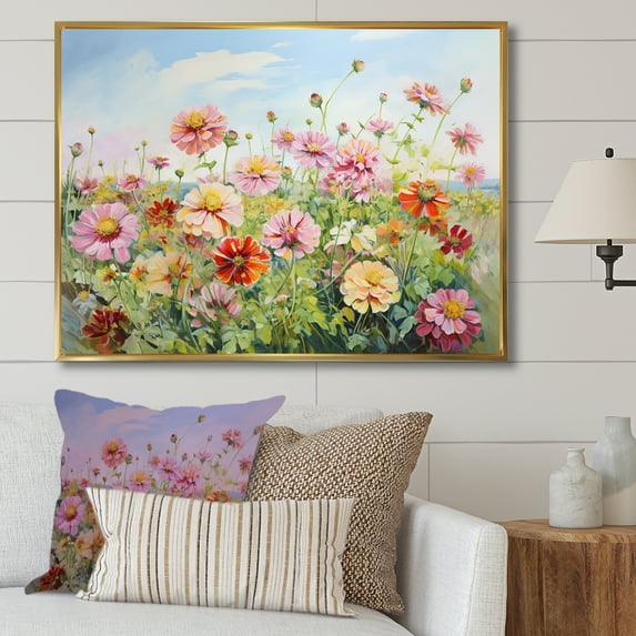Designart "Charming Zinnias In The Countryside" Zinnias Floater Framed Canvas Wall Art