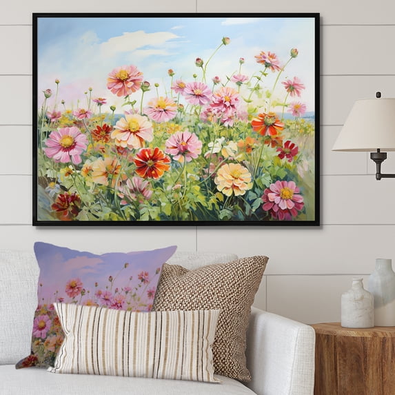 Designart "Charming Zinnias In The Countryside" Zinnias Floater Framed Canvas Wall Art