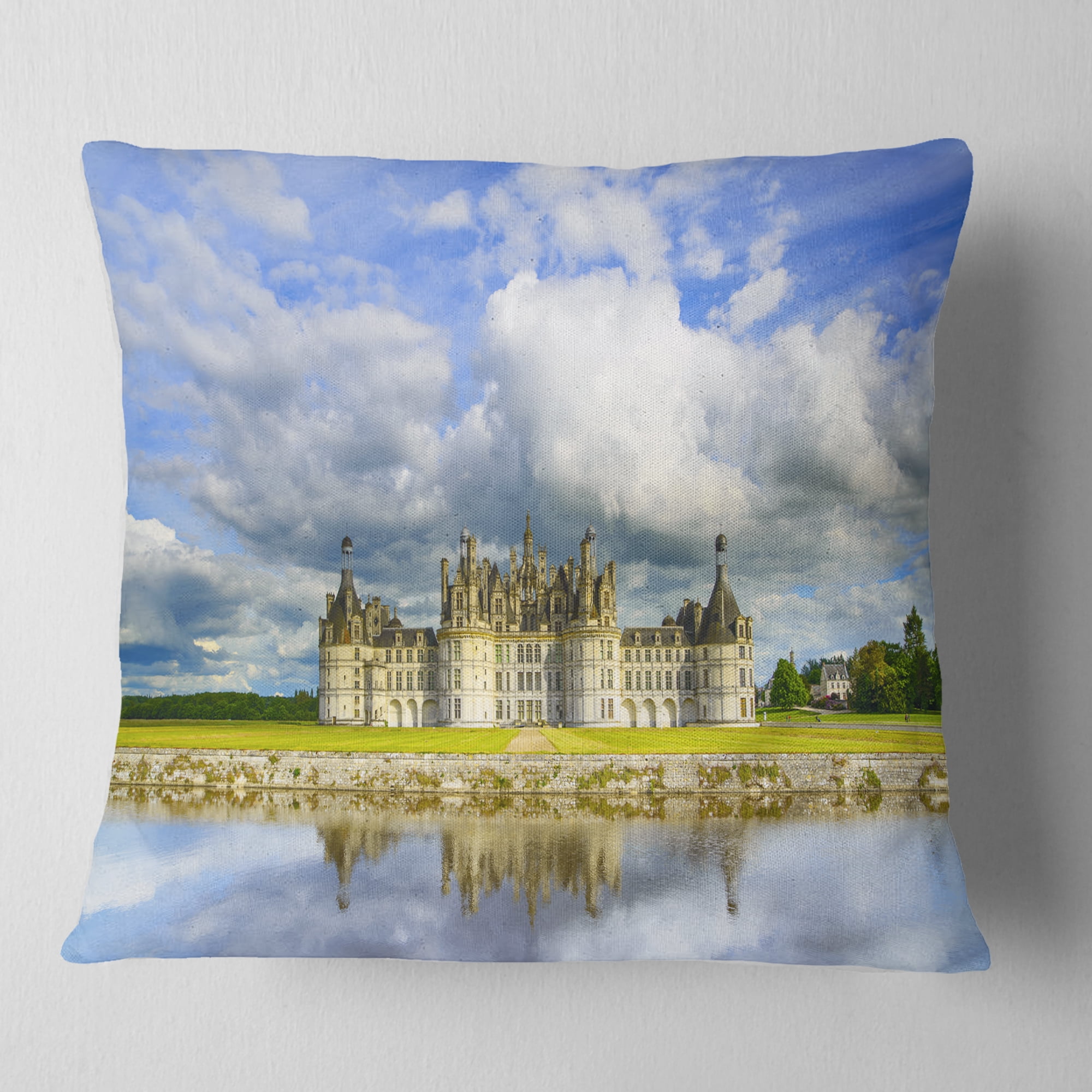 Designart Chateau De Chambord Castle and Reflection - Seashore Throw Pillow - 16x16