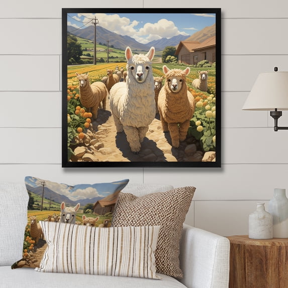 Designart "Cheerful Alpaca Farm Portrait" Animals Framed Wall Art Decor - Modern White Parrot Living Room Framed Canvas Art