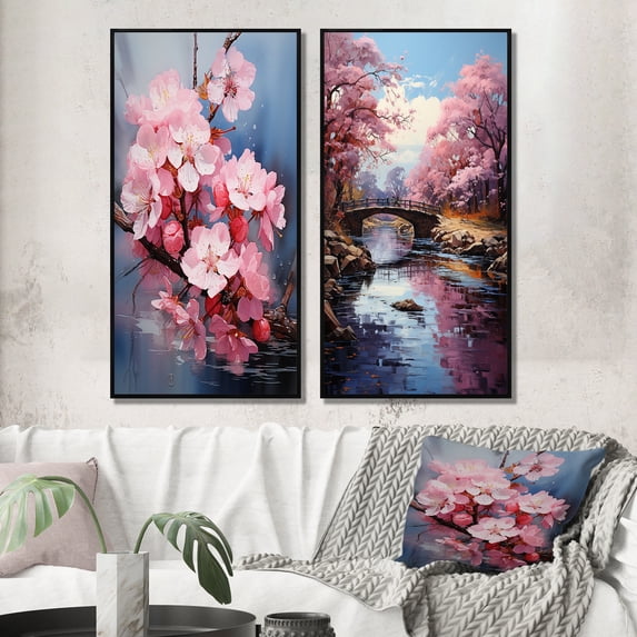 Designart "Cherry Blossom Asian beauty II" Asian Art Framed Wall Art Set Of 2 - Pink People Gallery Wall Frame Set For Home Decor