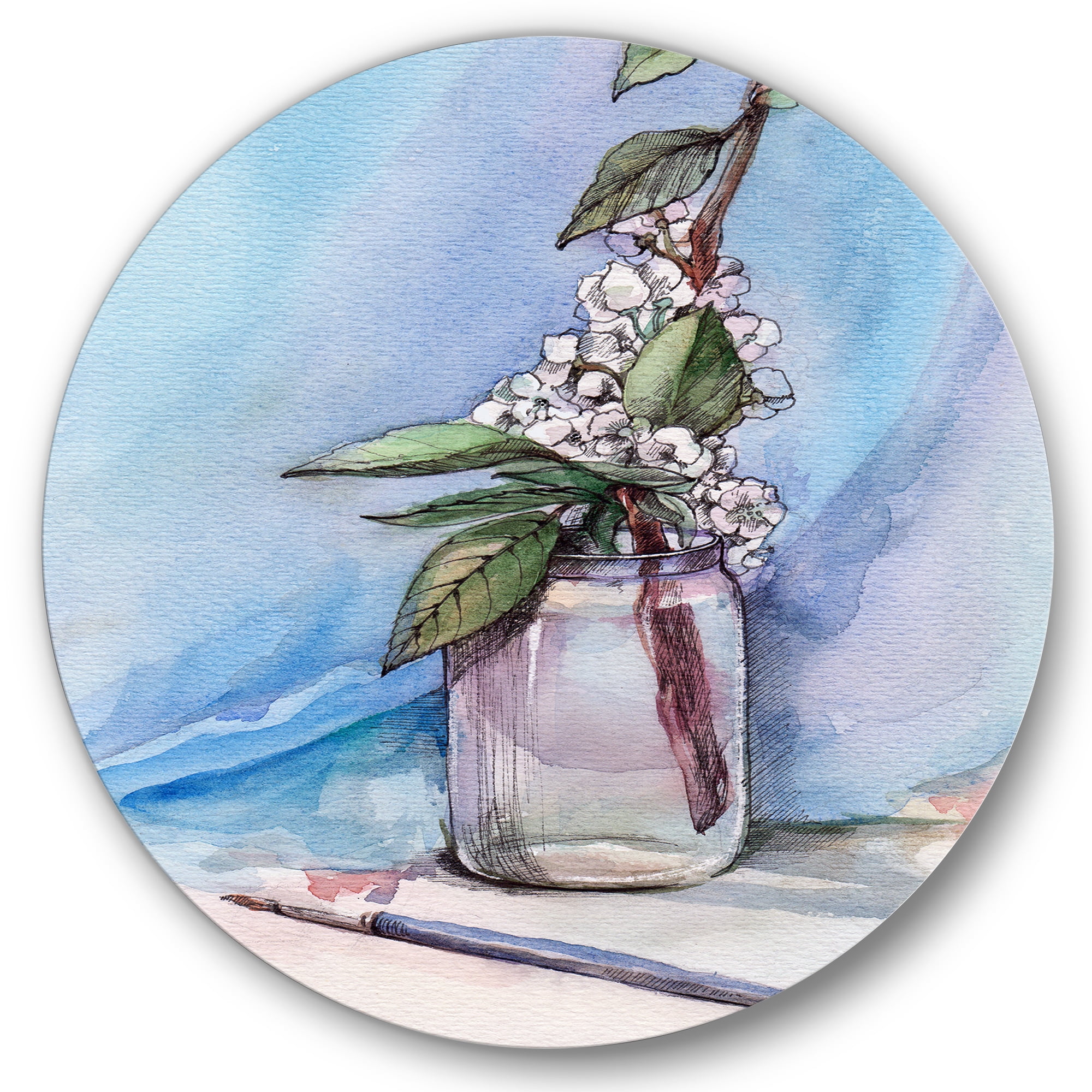 Designart 'Cherry Blossom Flowers In Glass Jar' Farmhouse Circle Metal Wall Art 11x11 - Disc of 11