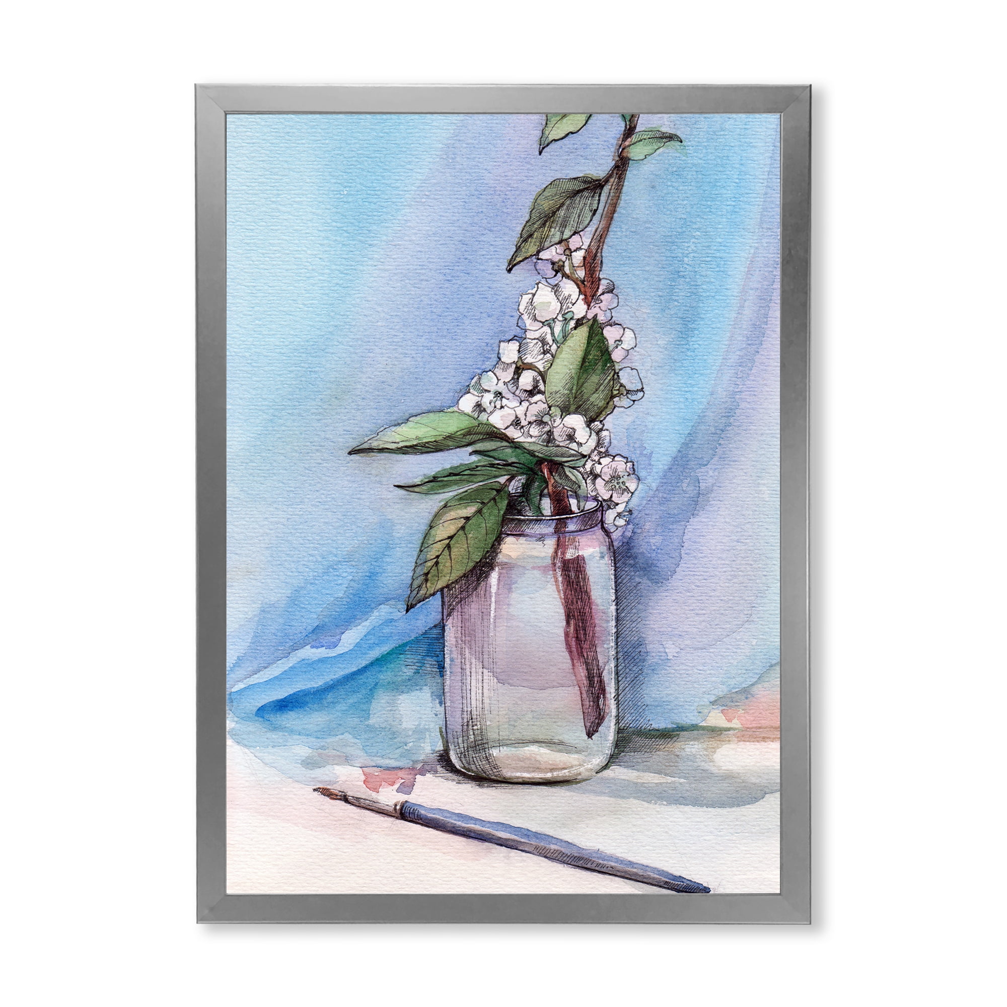 Designart 'Cherry Blossom Flowers In Glass Jar' Farmhouse Framed Art Print