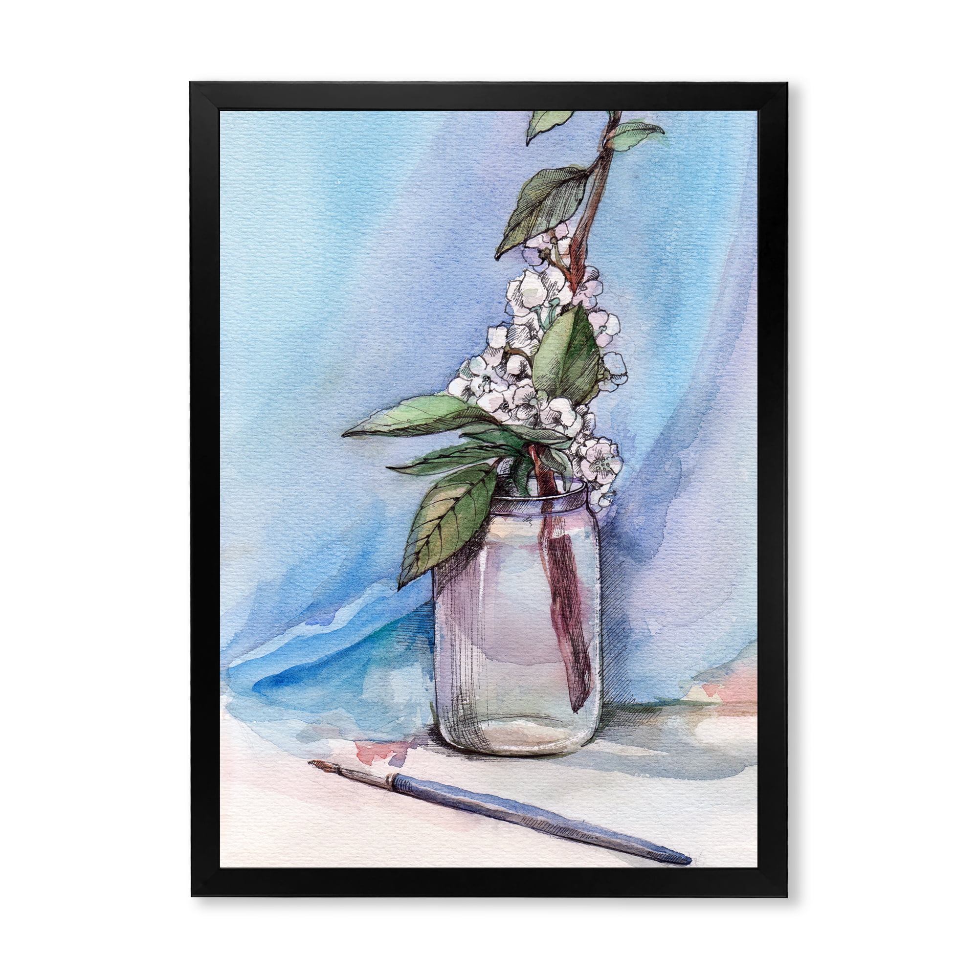 Designart 'Cherry Blossom Flowers In Glass Jar' Farmhouse Framed Art Print