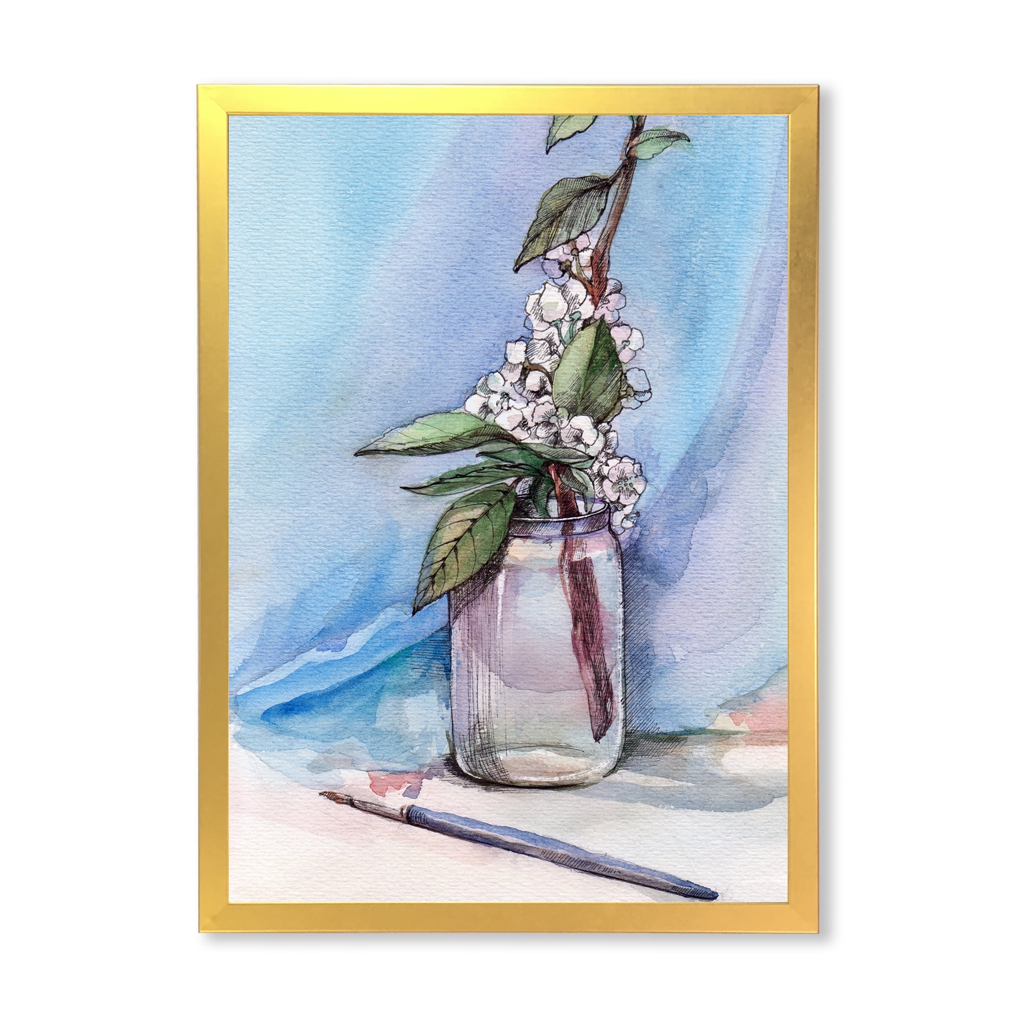 Designart 'Cherry Blossom Flowers In Glass Jar' Farmhouse Framed Art Print