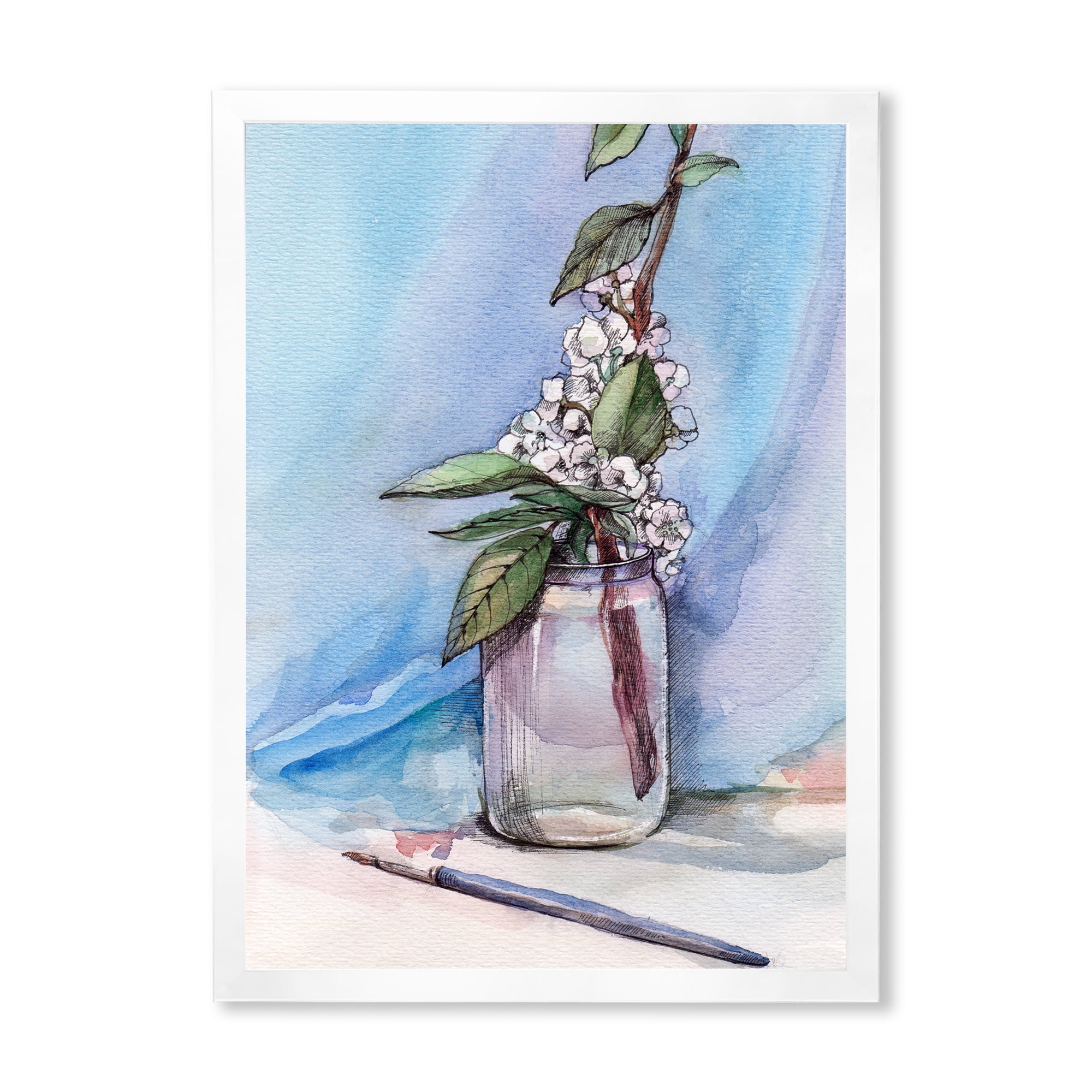 Designart 'Cherry Blossom Flowers In Glass Jar' Farmhouse Framed Art Print