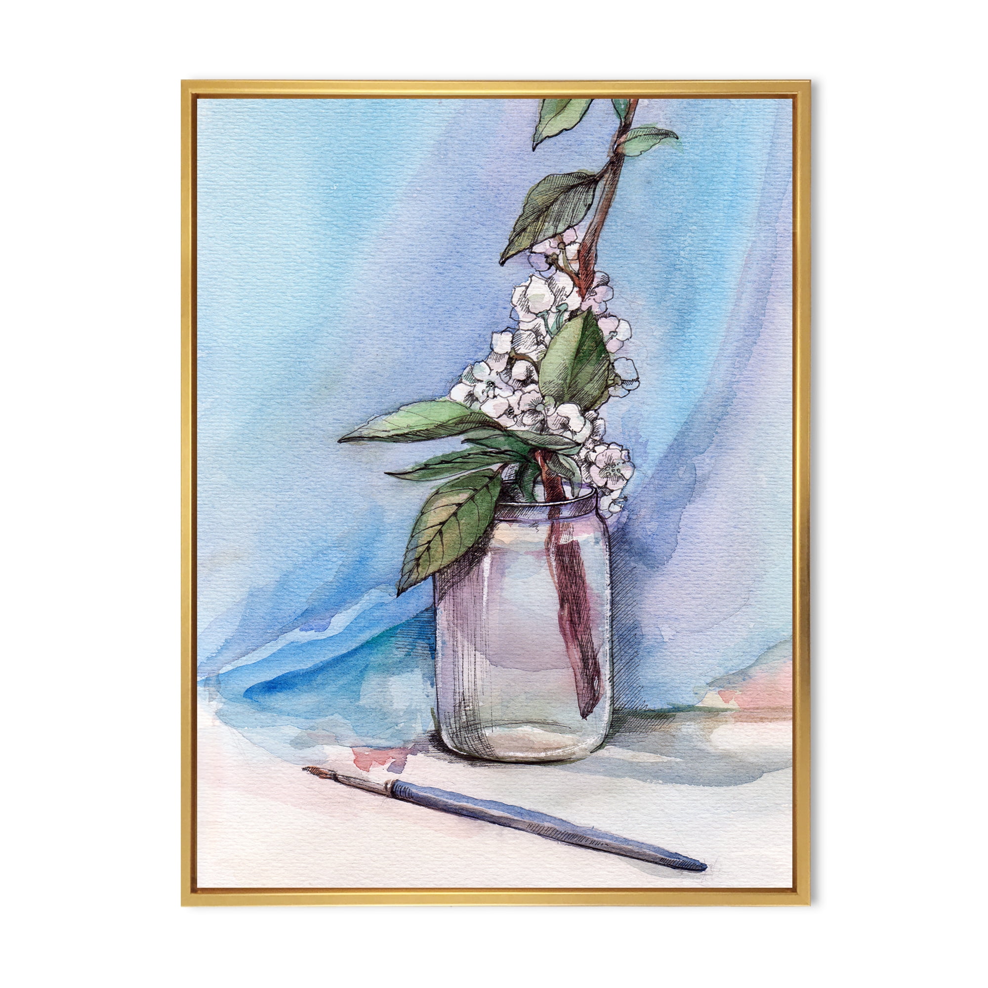Designart 'Cherry Blossom Flowers In Glass Jar' Farmhouse Framed Canvas Wall Art Print