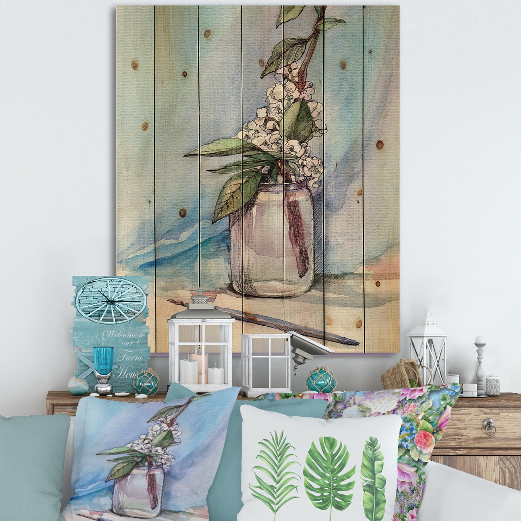 Designart 'Cherry Blossom Flowers In Glass Jar' Farmhouse Print on Natural Pine Wood