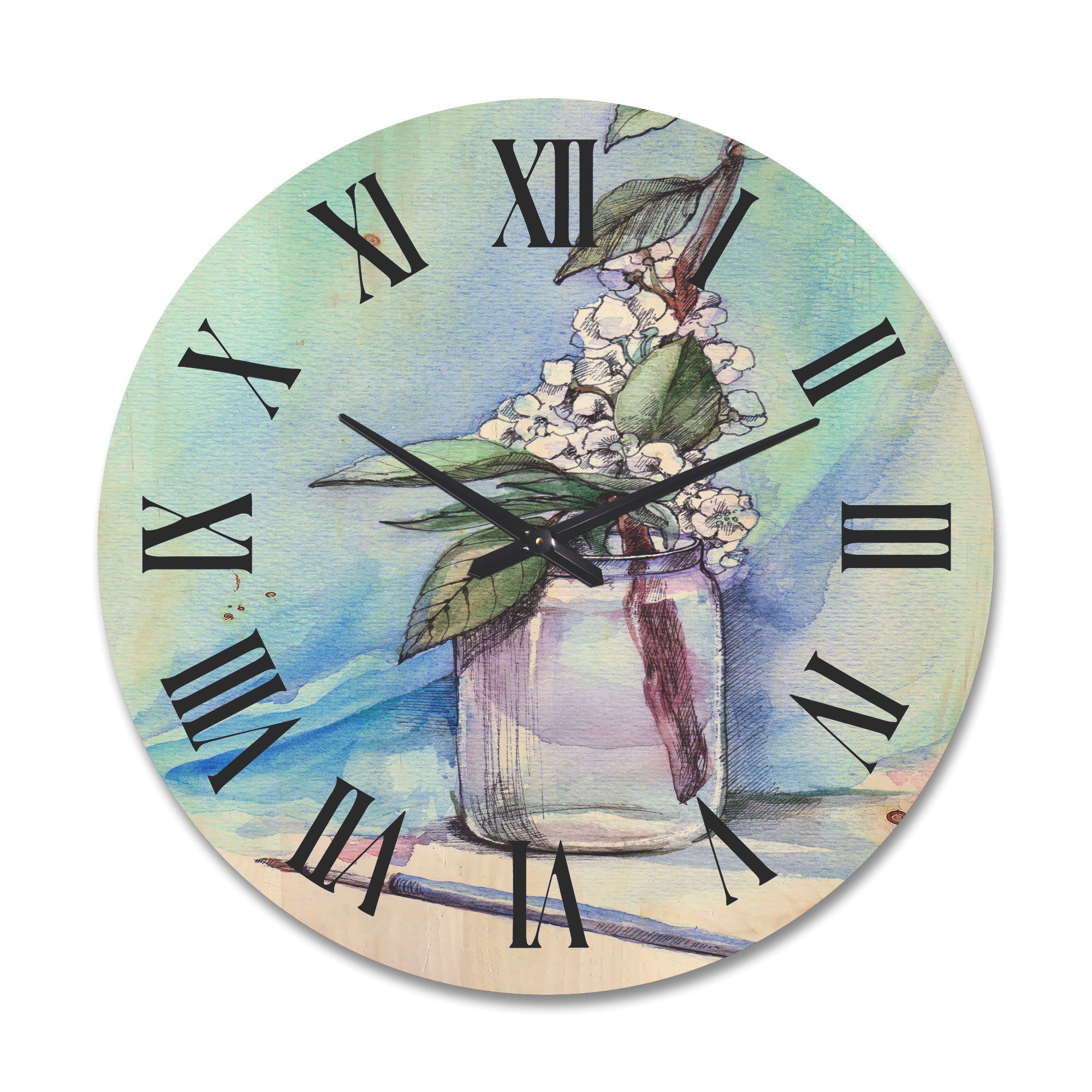 Designart 'Cherry Blossom Flowers In Glass Jar' Farmhouse Wood Wall Clock