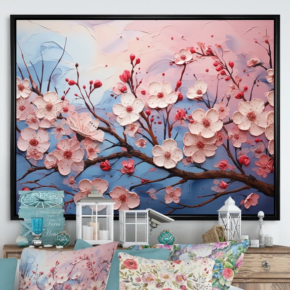 Designart "Cherry Blossom Harmony Pink and Blue II" Floral Floater Framed Canvas Art Print