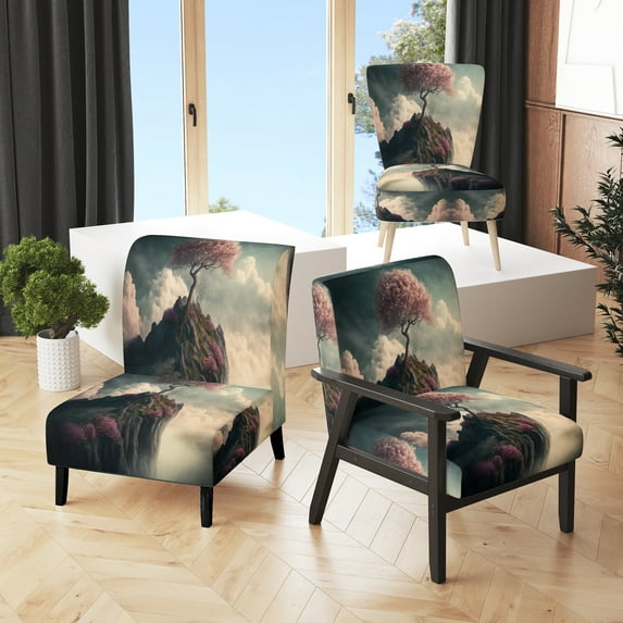 Designart "Cherry Blossom Peak II" Pink Tree Bonsai Upholstered Accent Chair - Modern Arm Chair For Living Room