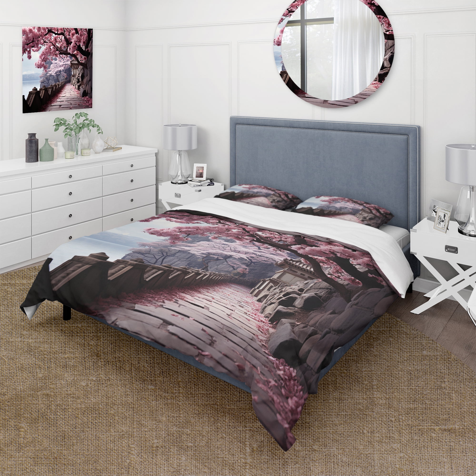 Cherry Blossom Path Pink and Gray Microfiber Duvet Cover Set