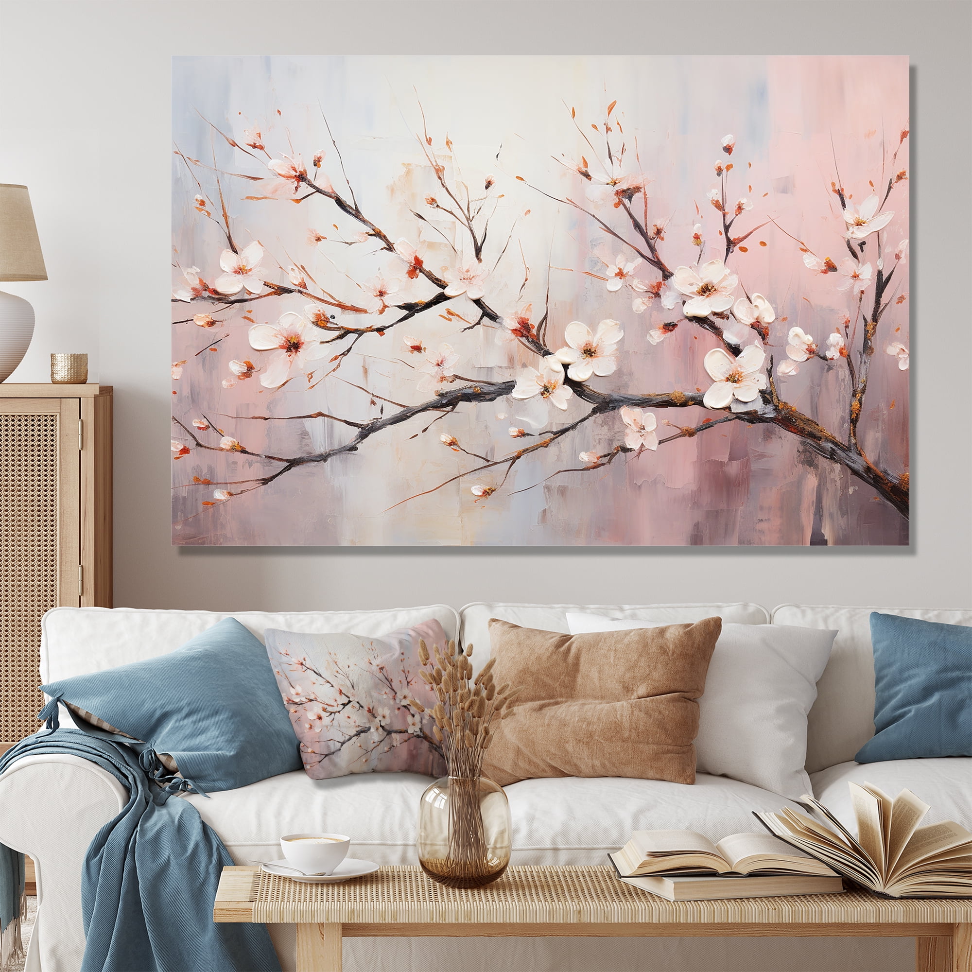 Designart "Cherry Blossom Tree in Pink and White II" Extra Large Floral ...