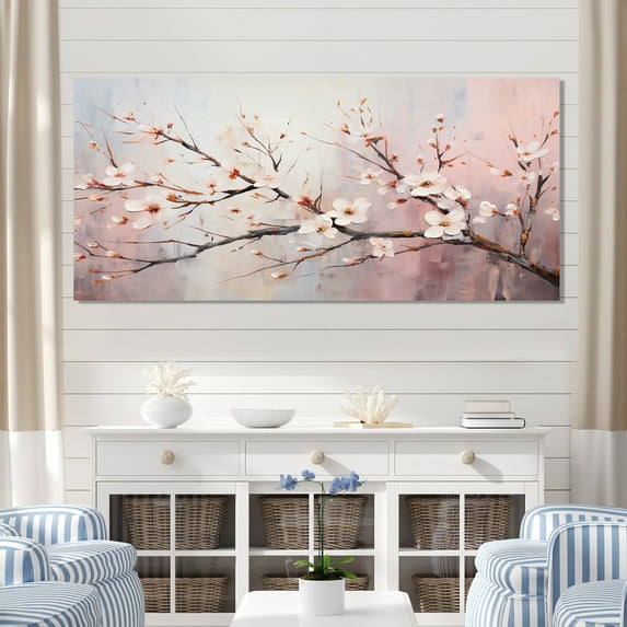 Designart "Cherry Blossom Tree in Pink and White II" Extra Large Floral Wall Art - Traditional Pink Cherry Bedroom Canvas Wall Art