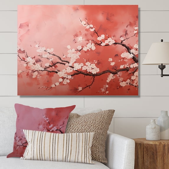Designart "Cherry Blossom Tree in Pink and White III" Oversized Floral Wall Art - Traditional Pink Cherry Entryway Wall Art Print