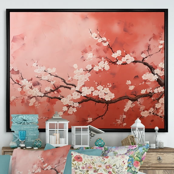 Designart "Cherry Blossom Tree in Pink and White IV" Floral Framed Wall Art - Traditional Pink Cherry Entryway Framed Wall Art