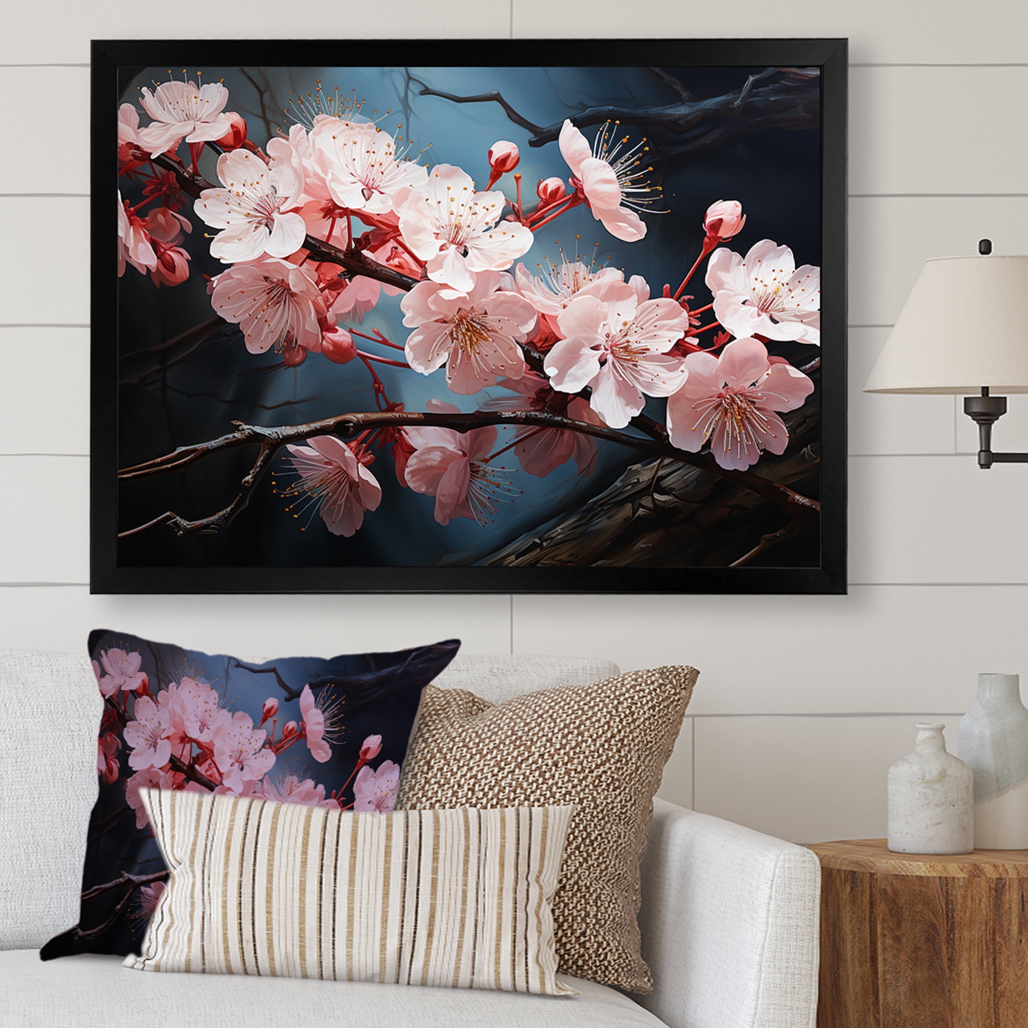 Designart "Cherry Blossoms Tree at Night in Pink I" Floral Framed Wall
