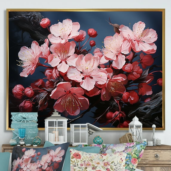 Designart "Cherry Blossoms Tree at Night in Pink II" Floral Framed Wall Art - Traditional Pink Cherry Entryway Framed Wall Art