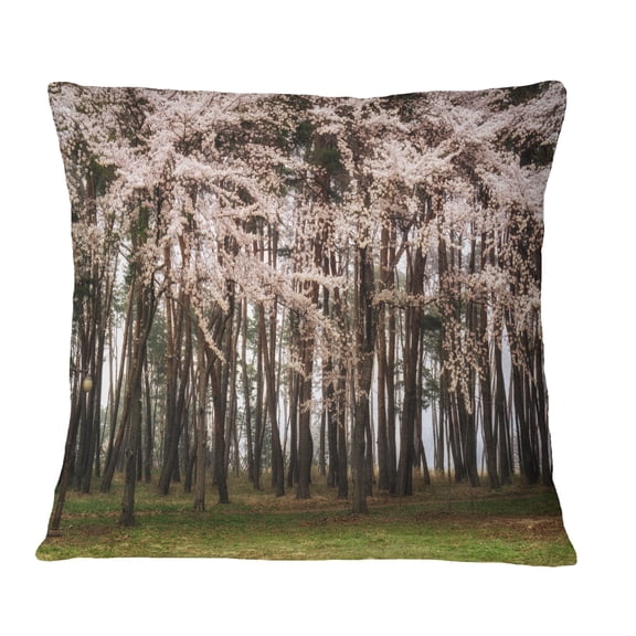 Designart Cherry Blossoms in Pine Tree - Landscape Printed Throw Pillow - 16x16