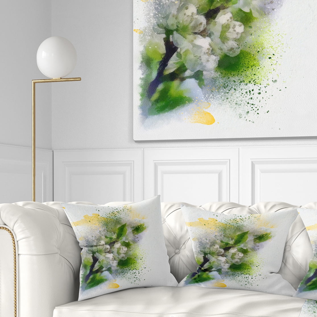 Designart Cherry Branch with Leaves and Flowers - Flower Throw Pillow - 18x18