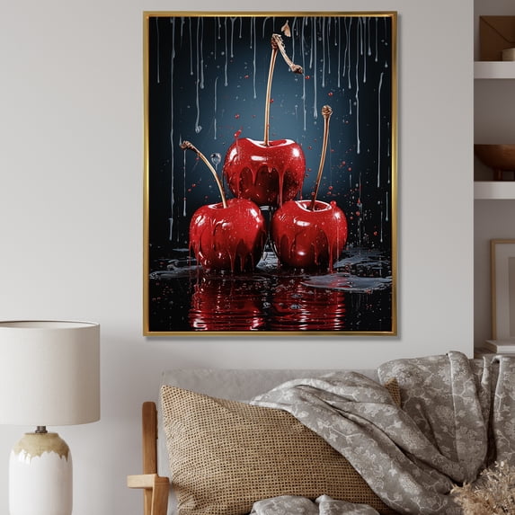 Designart "Cherry Delight in Black and Red II" Floral Framed Wall Art - Traditional Red Cherry Living Room Framed Canvas Art