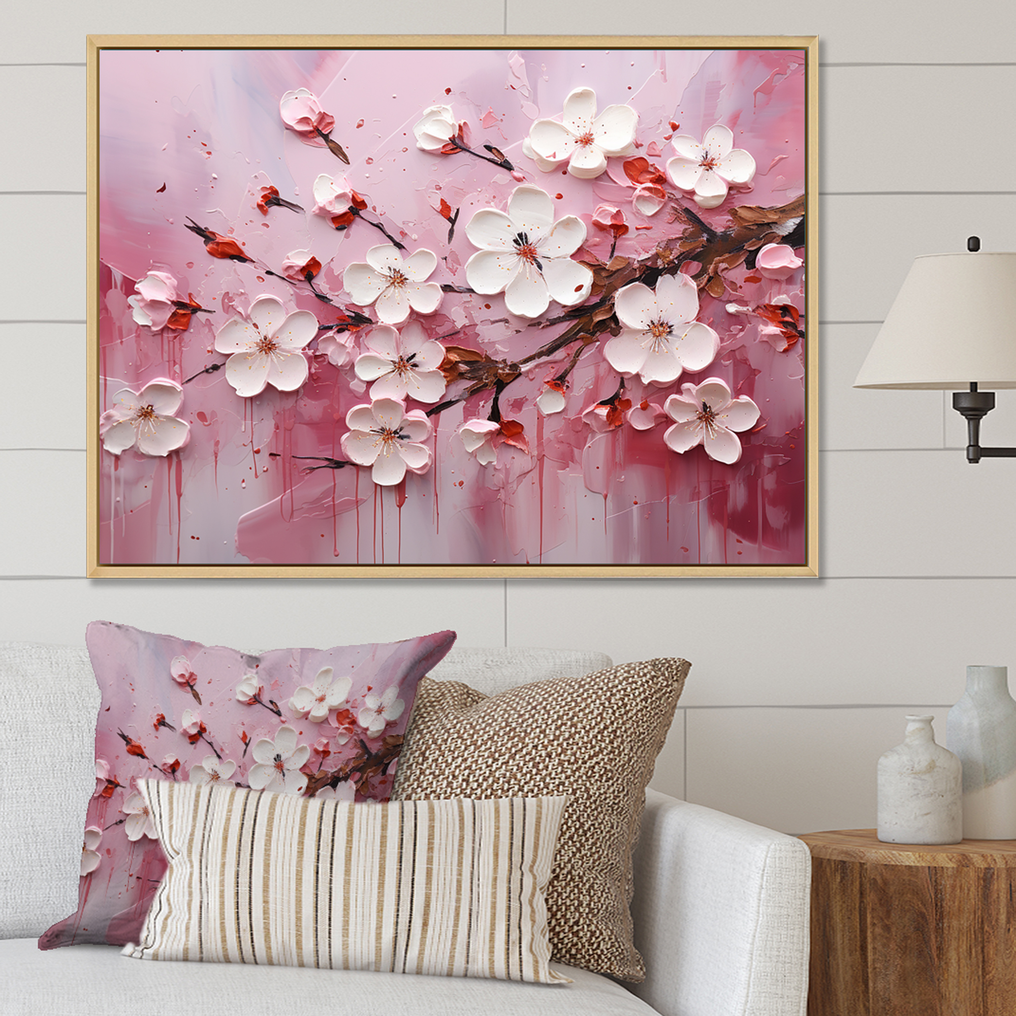 Designart "Cherry Tree Bloom in White and Pink II" Floral Framed Wall ...