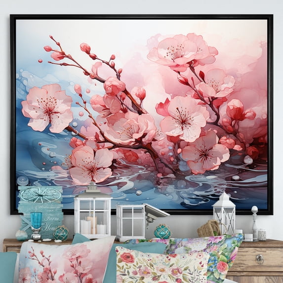 Designart "Cherry Tree Bloom in White and Pink VI" Floral Framed Wall Art - Traditional Pink Cherry Hallway Framed Wall Art Decor
