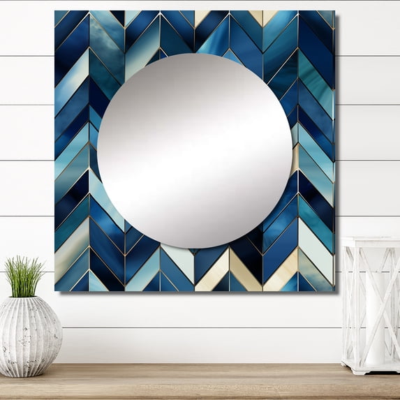 Designart "Chevron Intrigue In Vintage Cobalt" 0 Square Mirror Wall Decor Glam - Large Blue Square Bathroom Mirror - Square Printed Wall Mirror Art
